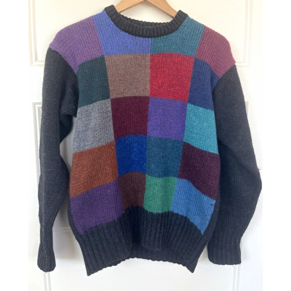 Vtg Boston Traders Patchwork Knit Wool Sweater Large Multicolor Grandpacore